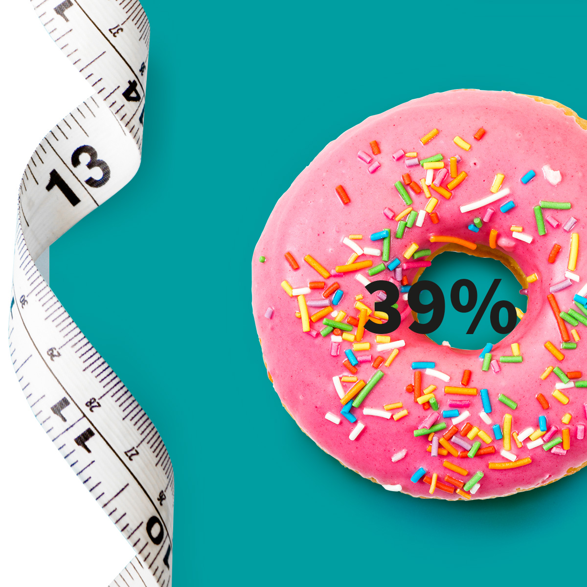 [MEA.COM-en MEA (english)] •	A measuring tape and a doughnut with pink icing and colourful sugar sprinkle as a metaphor for obesity