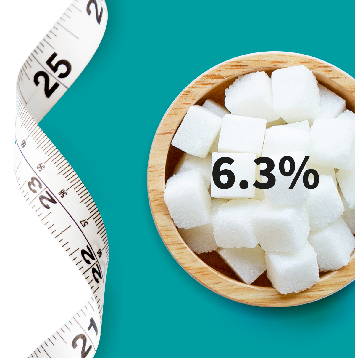[MEA.COM-en MEA (english)] •	A measuring tape and a bowl full of sugar cubes shown as a metaphor for diabetes